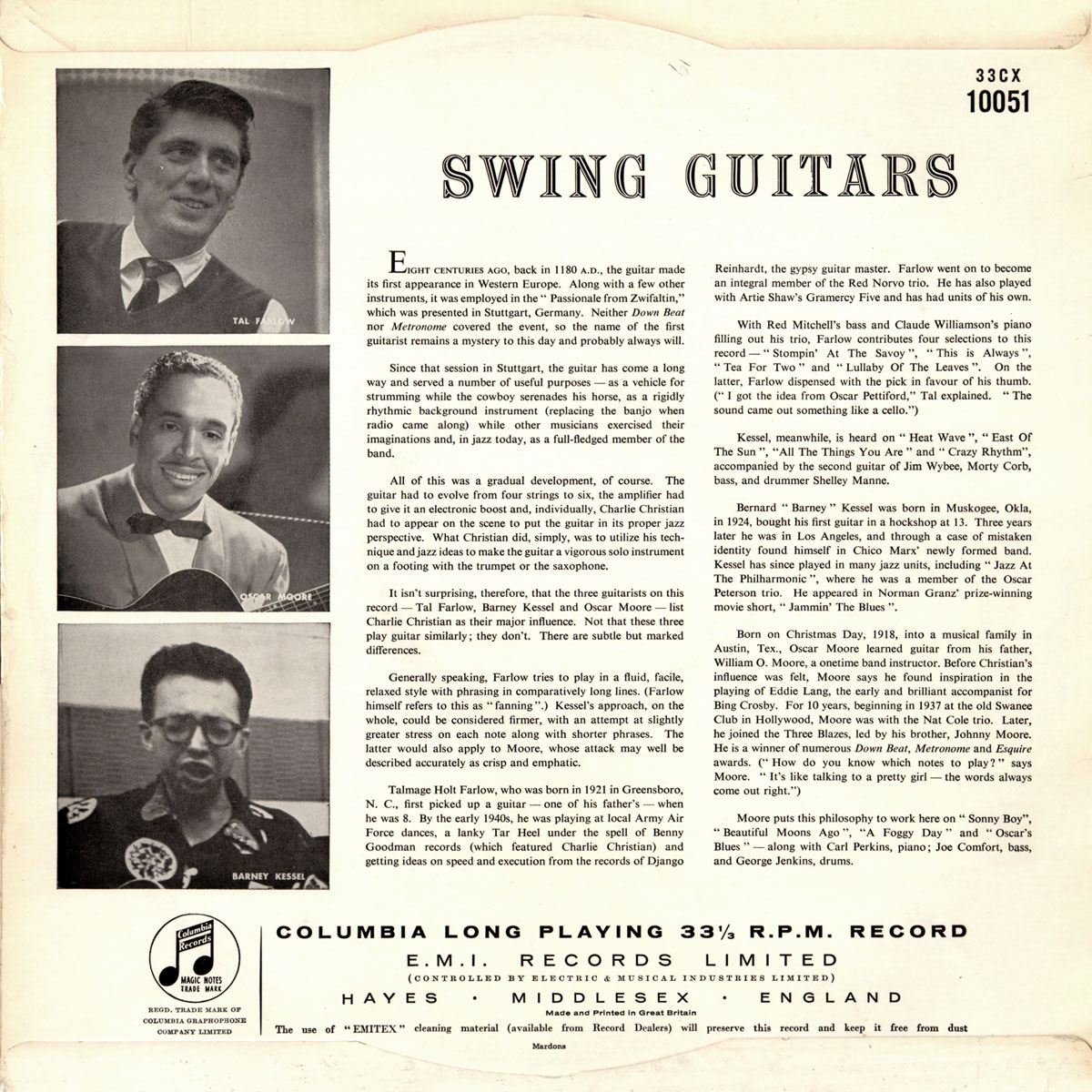 Oscar Moore, Barney Kessel, Tal Farlow ‎– Swing Guitars (1956) - Back cover